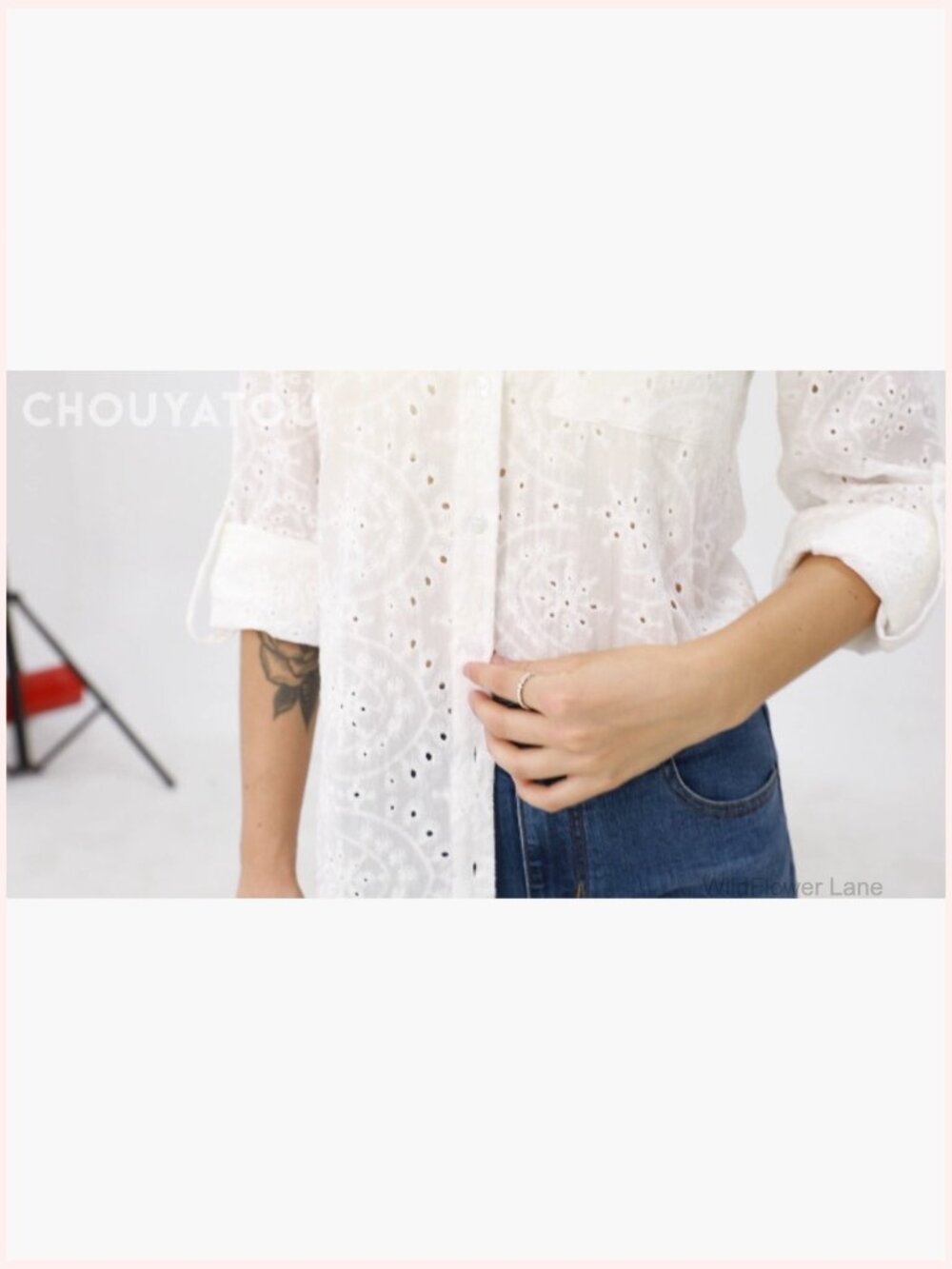 Crochet Eyelet Button Down Rolled Up Long Sleeve Boho Blouse Shirt Tops - Picture 4 of 4